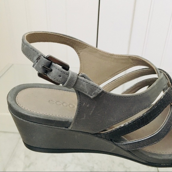 Ecco Touch 45 Grey Leather Wedge Heels Sandals - Picture 12 of 14